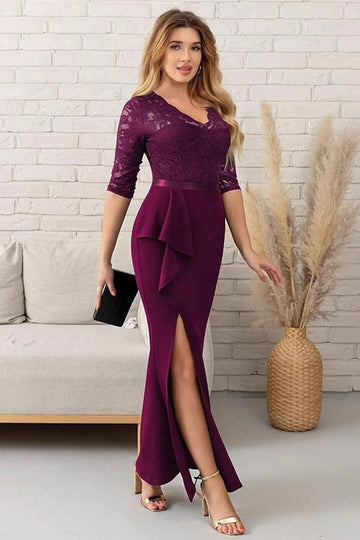 Grape Satin V-Neck Sheath Long Mother of the Bride Dress with Slit